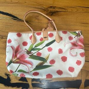 Dooney & Bourke White Canvas Tote with Pink Lily Floral and Tan Trim